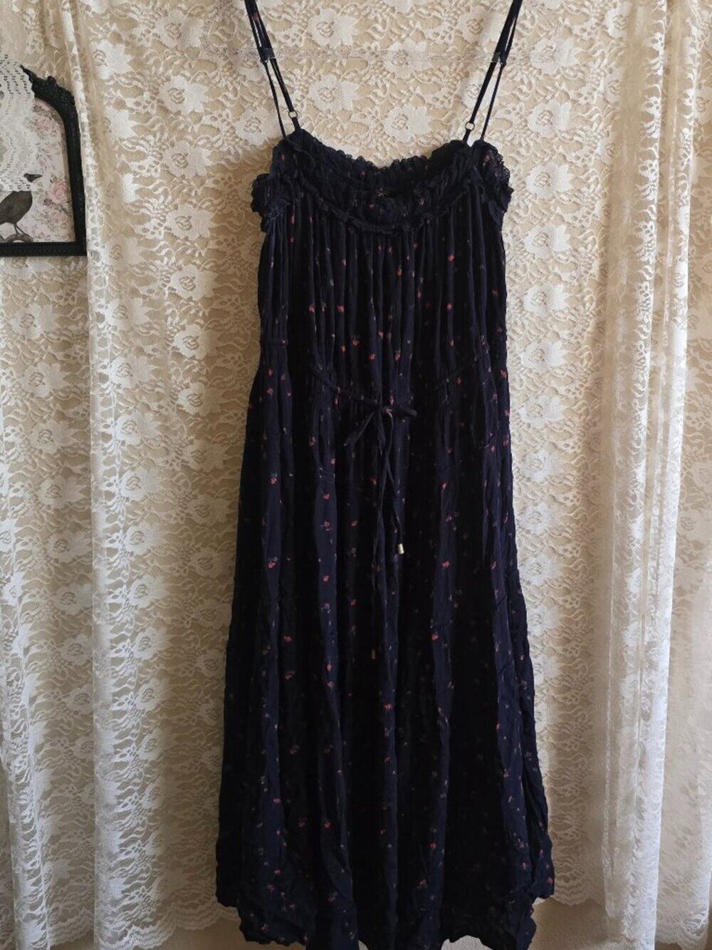 Free People Peaches Floral Maxi Dress Size L Blue Sleeveless Boho Tiered - Hippy